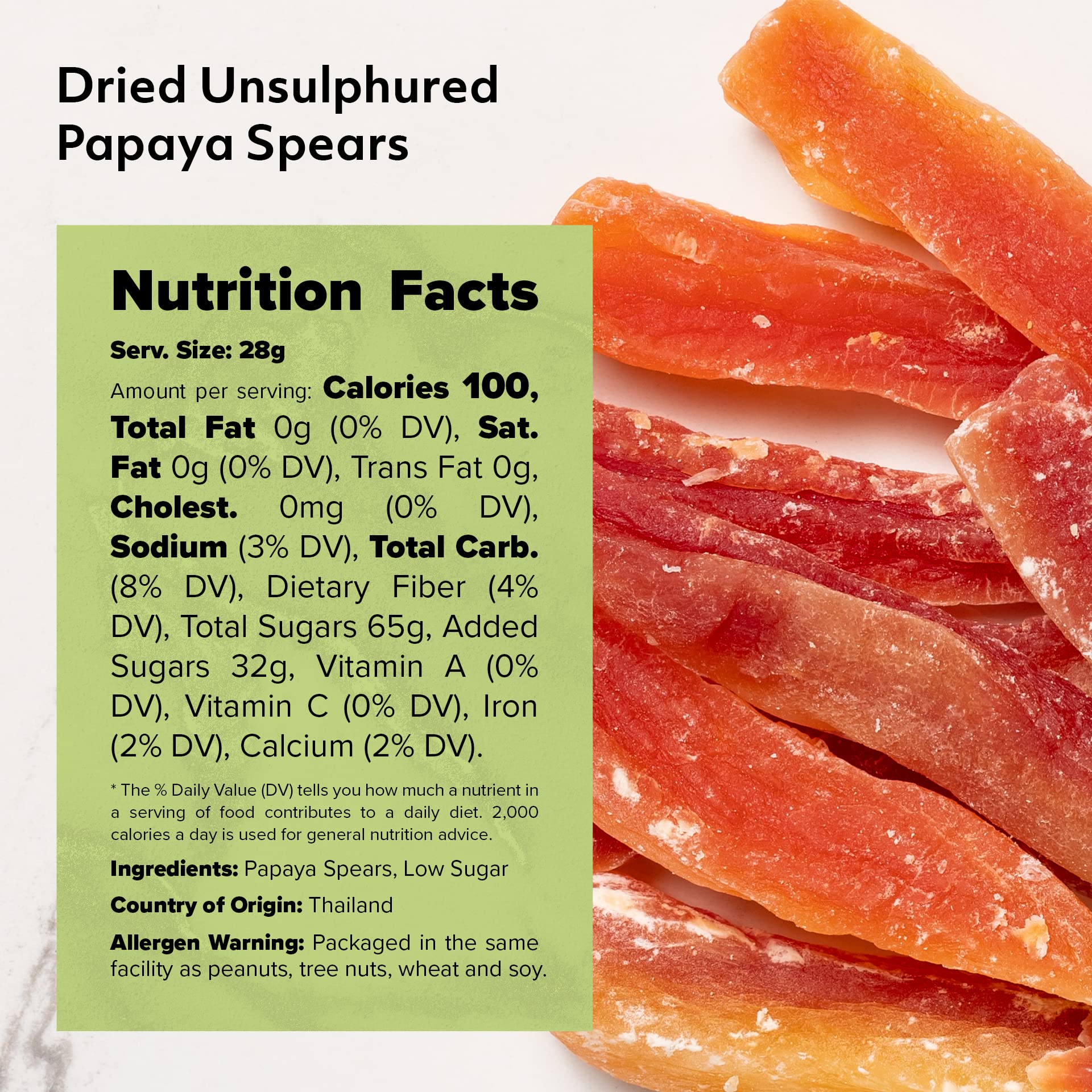 NUTS U.S. - Dried Papaya Spears (Unsulphured) | Low Sugar. Lightly Sugar Coated | No Color Added | Packed in a Resealable Bag (2 LBS)