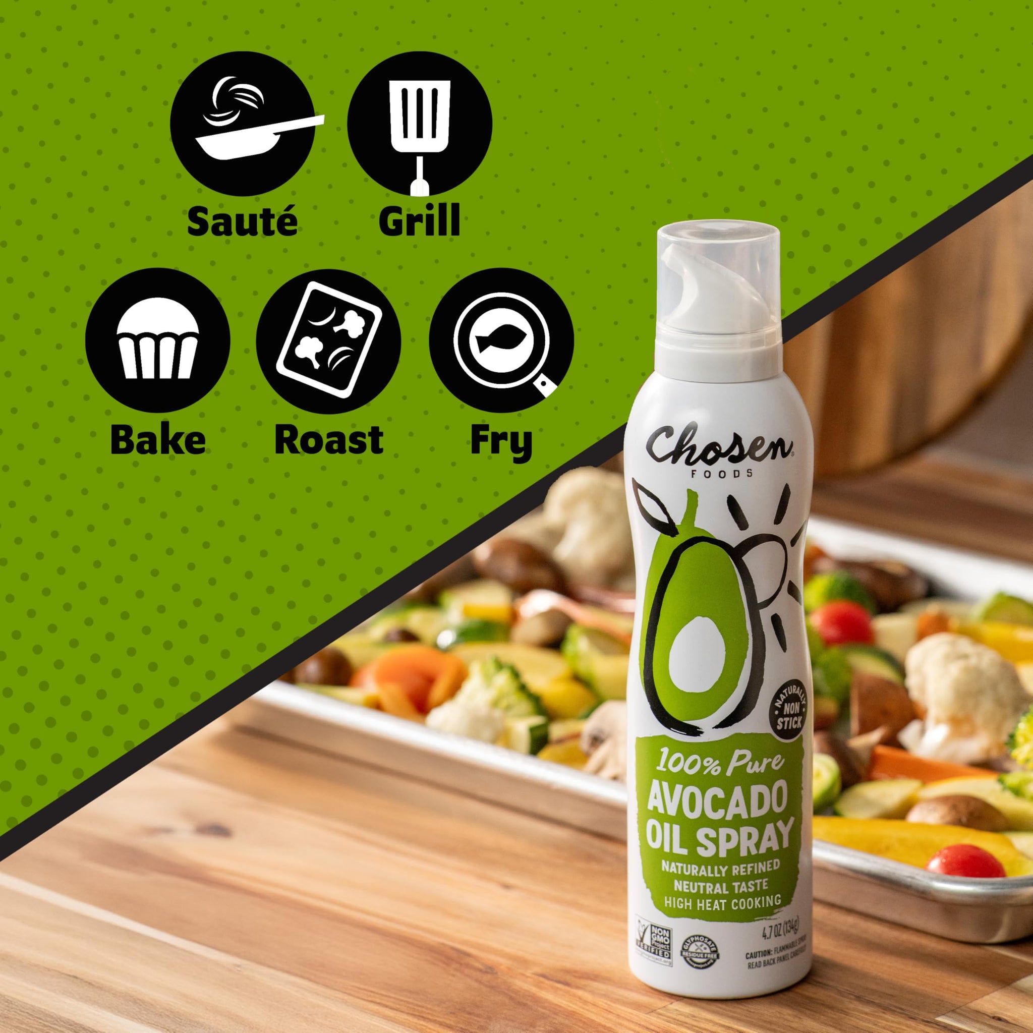 Chosen Foods 100% Pure Avocado Oil Spray 4.7 oz. (1 Pack), Non-GMO, 500°F Smoke Point, Propellant-Free, Air Pressure Only for High-Heat Cooking, Baking and Frying