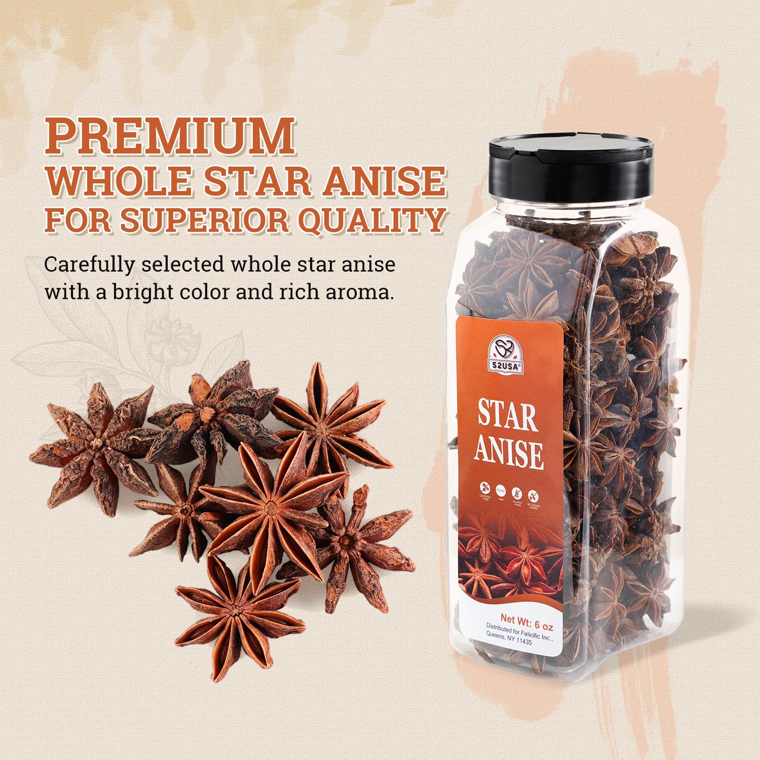 52USA Star Anise, 6oz - Whole Dried Star Anise Pods in Bottle, Aromatic Spice for Cooking, Baking, and Teas