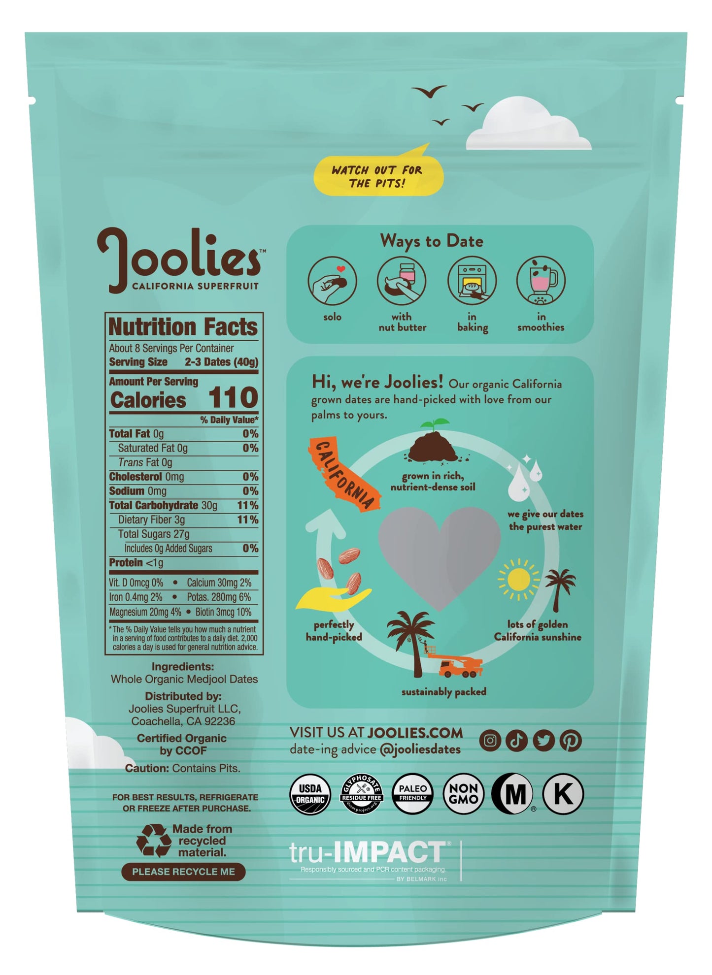 Joolies Organic Whole Medjool Dates | 12 Ounce Pouch | Fresh California Grown Fruit | Vegan, Gluten-Free, Paleo, No Sugar Added | Great Source