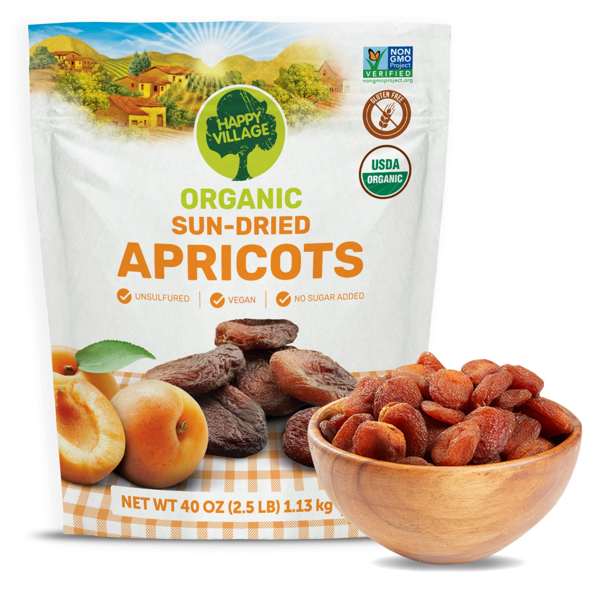 Happy Village Organic Turkish Dried Apricots, No Sugar Added Dried Fruit, 40 OZ Resealable Pack - Kosher, Non-GMO, Unsweetened, Unsulfured, Vegan