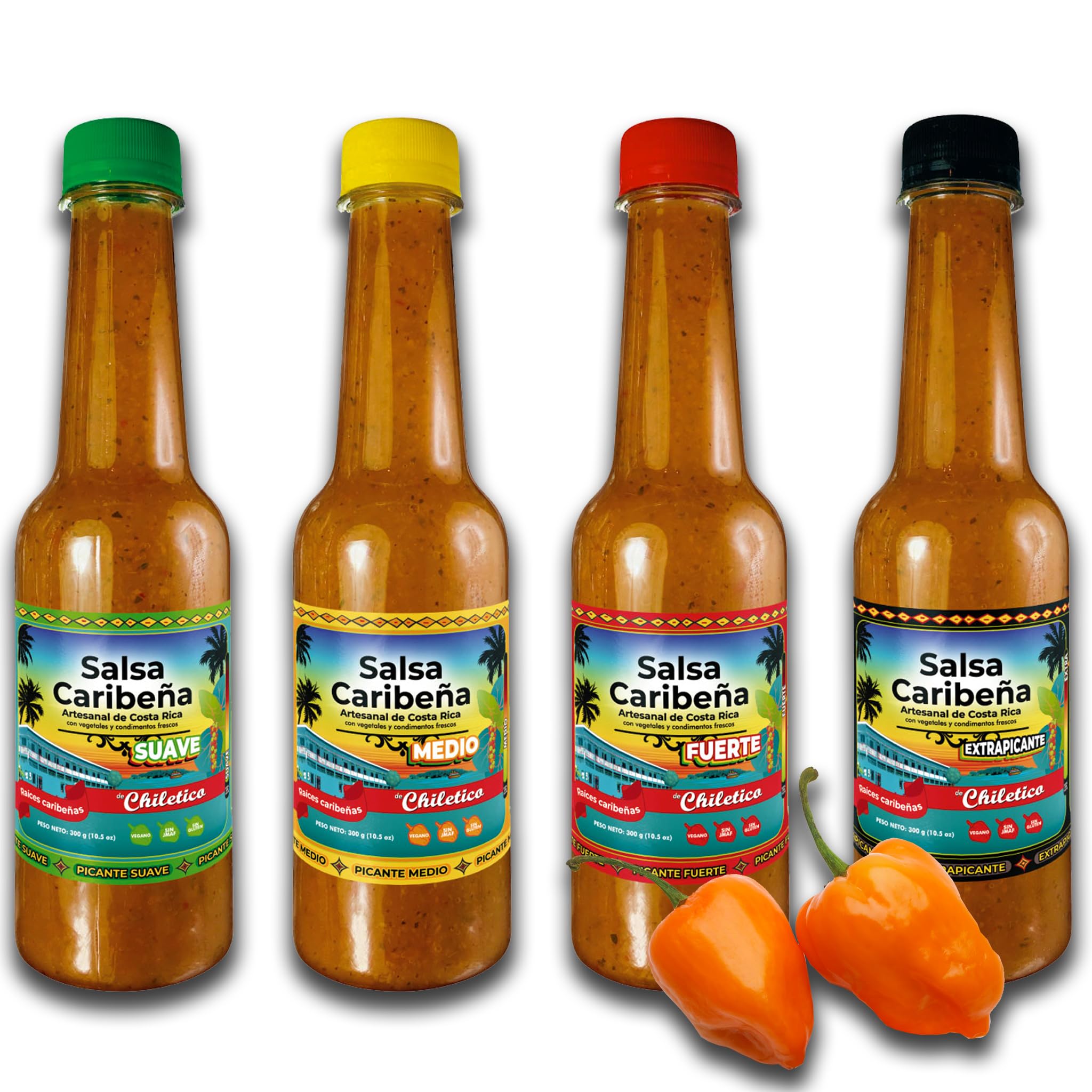 Chiletico Caribbean Medium Hot Sauce - 3-Pack of Authentic Costa Rican Salsa Picante - Balanced Heat with Fresh Vegetables and Spices - 4.9 oz Each