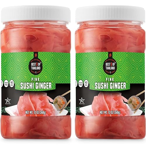 Best of Thailand Japanese Pink Pickled Sushi Ginger | No MSG | 2 Jars of 12oz Fresh Sliced Young Gari Pickled Ginger in Sweet Pickling Brine with
