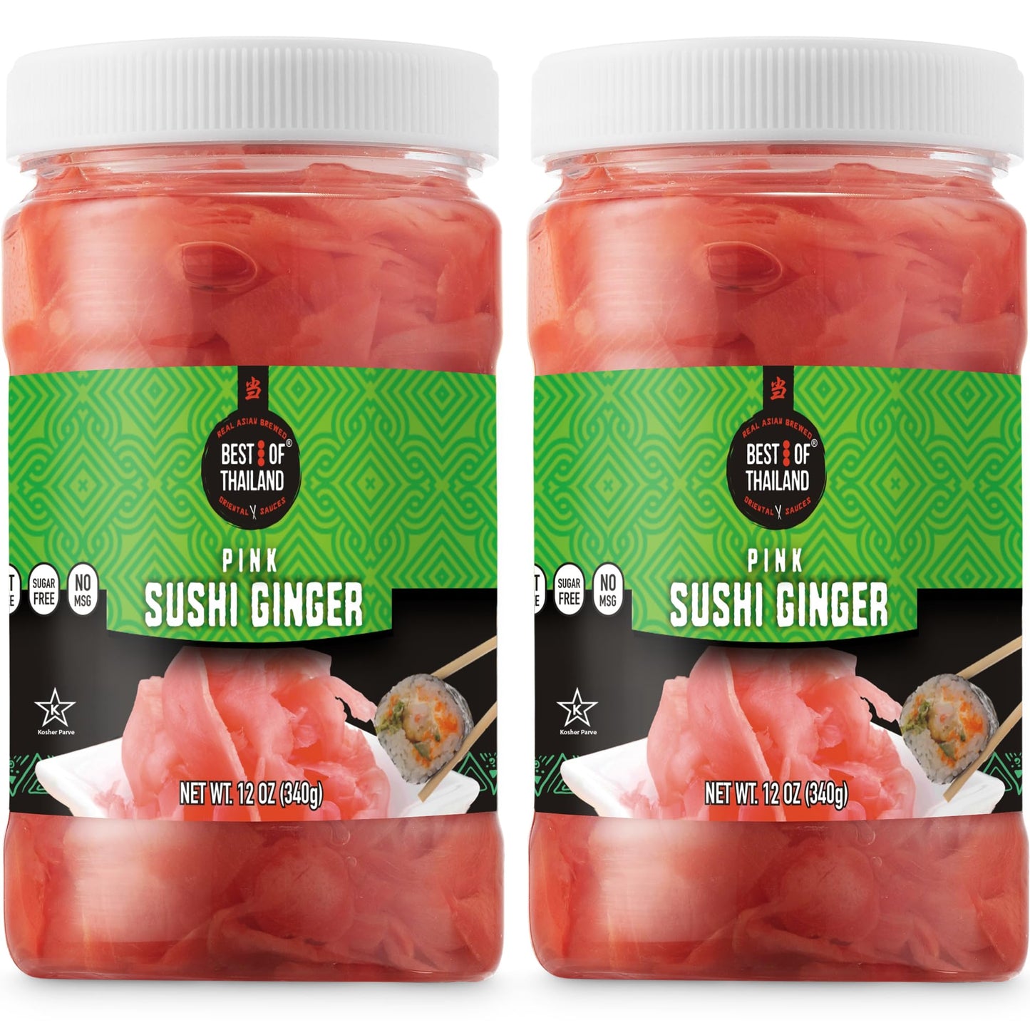 Best of Thailand Japanese Pink Pickled Sushi Ginger | No MSG | 2 Jars of 12oz Fresh Sliced Young Gari Pickled Ginger in Sweet Pickling Brine with