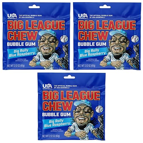 Big League Chew Blue Raspberry Bubble Gum 3-Pack - 2.12oz Packets - Big Rally Blue Raspberry Baseball Gum - Baseball Candy Set for Treats, Party