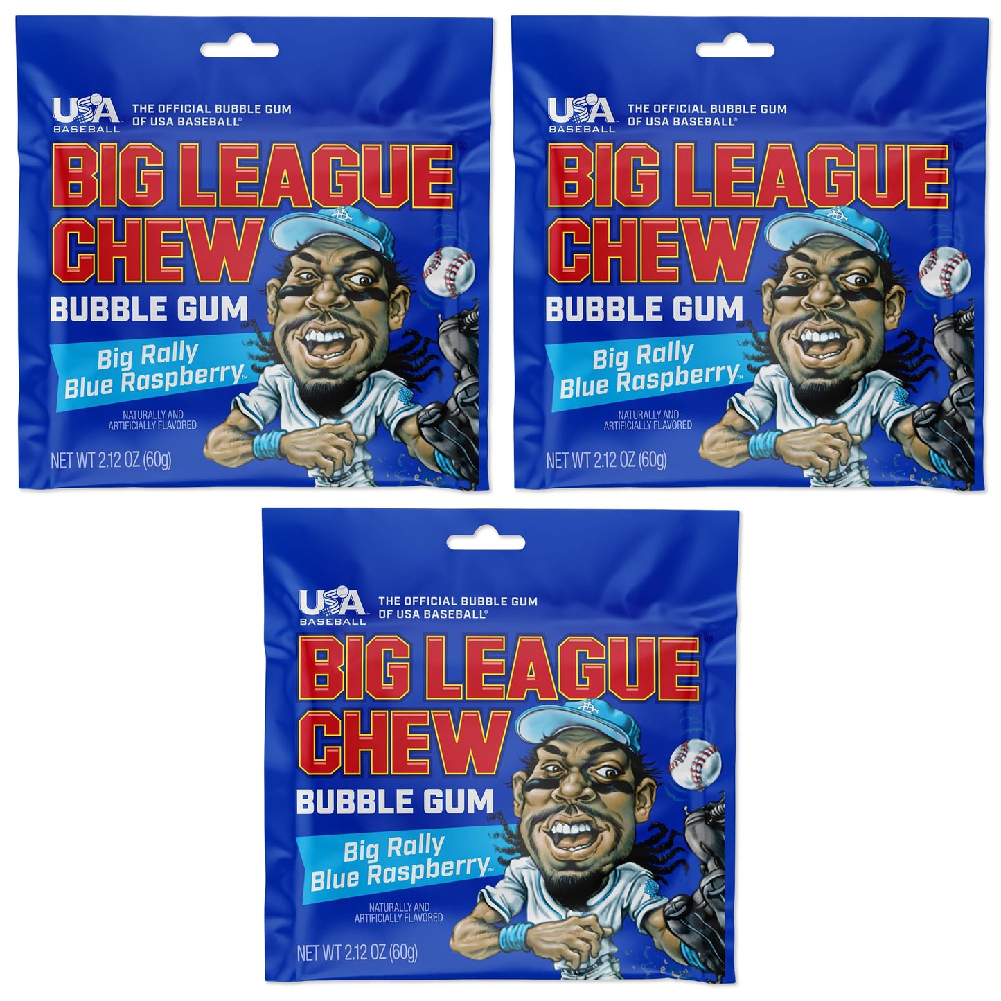 Big League Chew Blue Raspberry Bubble Gum 3-Pack - 2.12oz Packets - Big Rally Blue Raspberry Baseball Gum - Baseball Candy Set for Treats, Party
