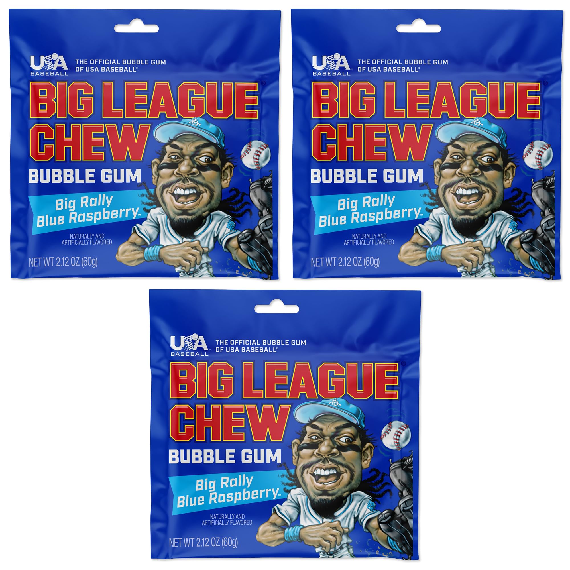 Big League Chew Blue Raspberry Bubble Gum 3-Pack - 2.12oz Packets - Big Rally Blue Raspberry Baseball Gum - Baseball Candy Set for Treats, Party