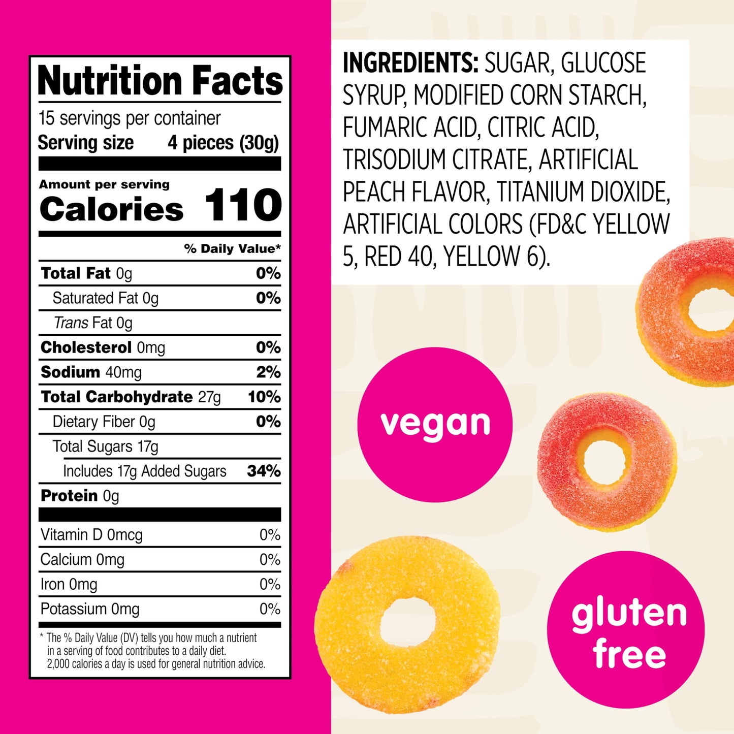 Snak Club Peach Rings Gummy Candy, Fruit Flavored Candy Gummies, Soft and Chewy, Gluten-Free and Vegan Snacks, 16 oz Resealable Bag