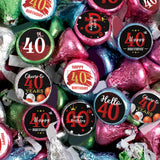Happy 40th Birthday Party Favor Labels Chocolate Kisses Candy Stickers - 40 Forty Years Old Round Candy Sticker Party Favors - Black and Red - 150