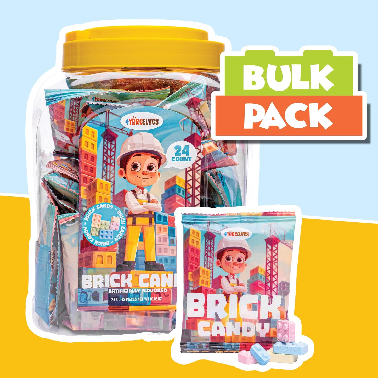 Candy Bricks, 24 Individual Party Favor Bags of Tutti Frutti Flavored Blocks for Construction Themed Fun, Brick Shaped Cake Topper and Party Candy in