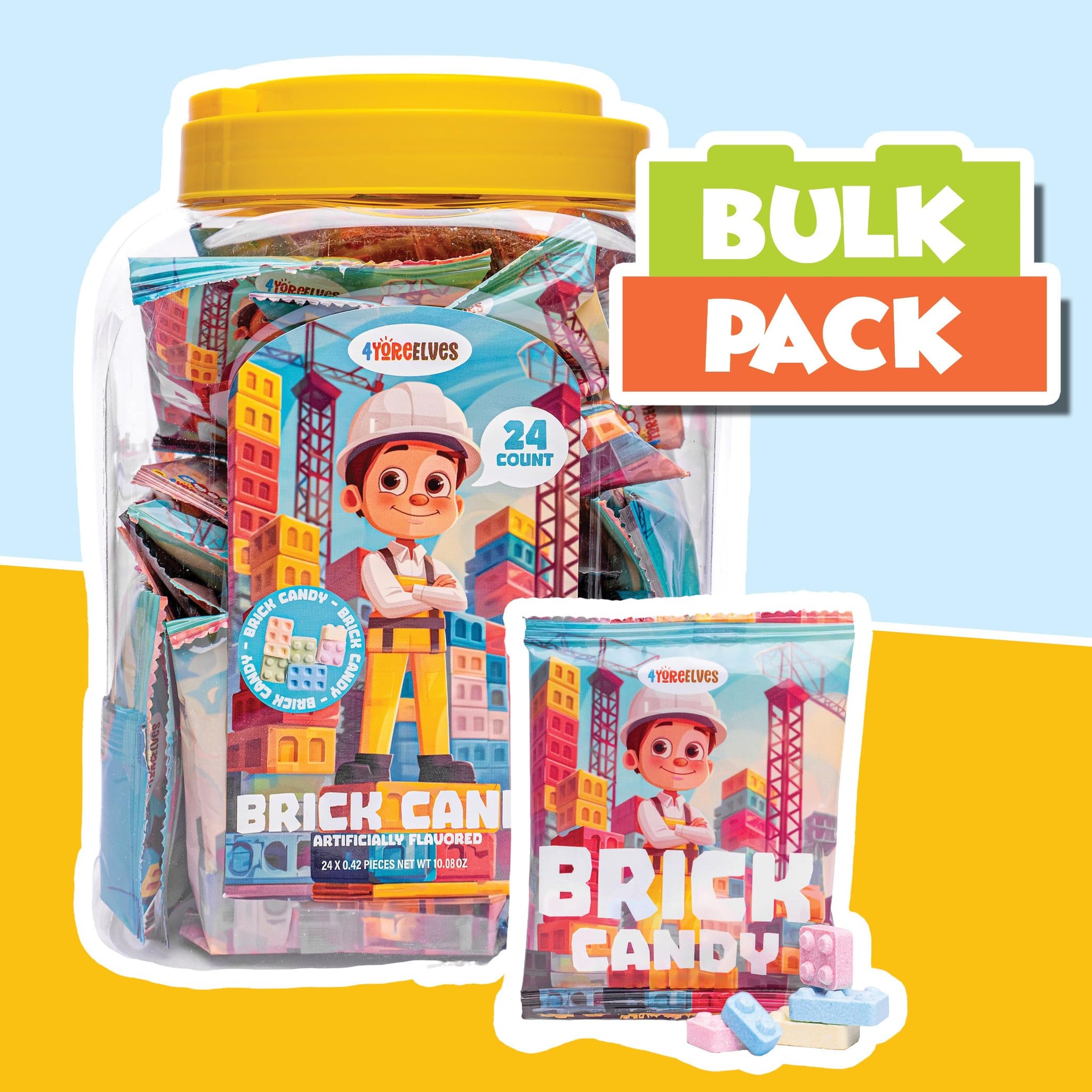 Candy Bricks, 24 Individual Party Favor Bags of Tutti Frutti Flavored Blocks for Construction Themed Fun, Brick Shaped Cake Topper and Party Candy in