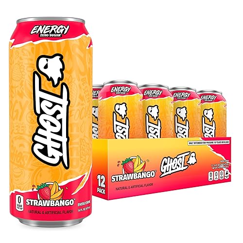 GHOST Energy Drink - 12-Pack, Strawbango, 16oz - Energy & Focus & No Artificial Colors - 200mg of Natural Caffeine, L-Carnitine & Taurine