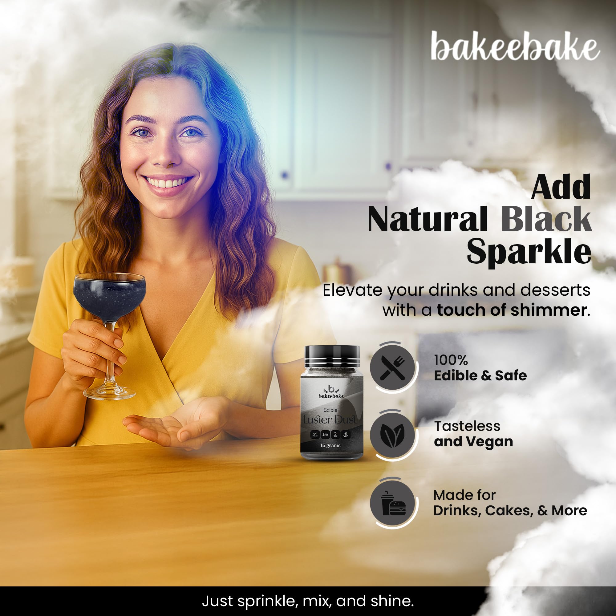 Bakeebake Luster Dust Edible 15g - Edible Glitter for Drinks & Desserts - Gluten Free Edible Black Dust for Cake Decorating - Tasteless Vegan Drink