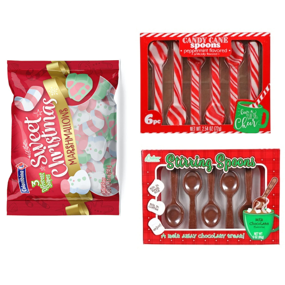 Holiday Treats Christmas Sweet Vanilla Marshmallows | Peppermint Flavored Candy Cane Spoons Milk Chocolate Stirring