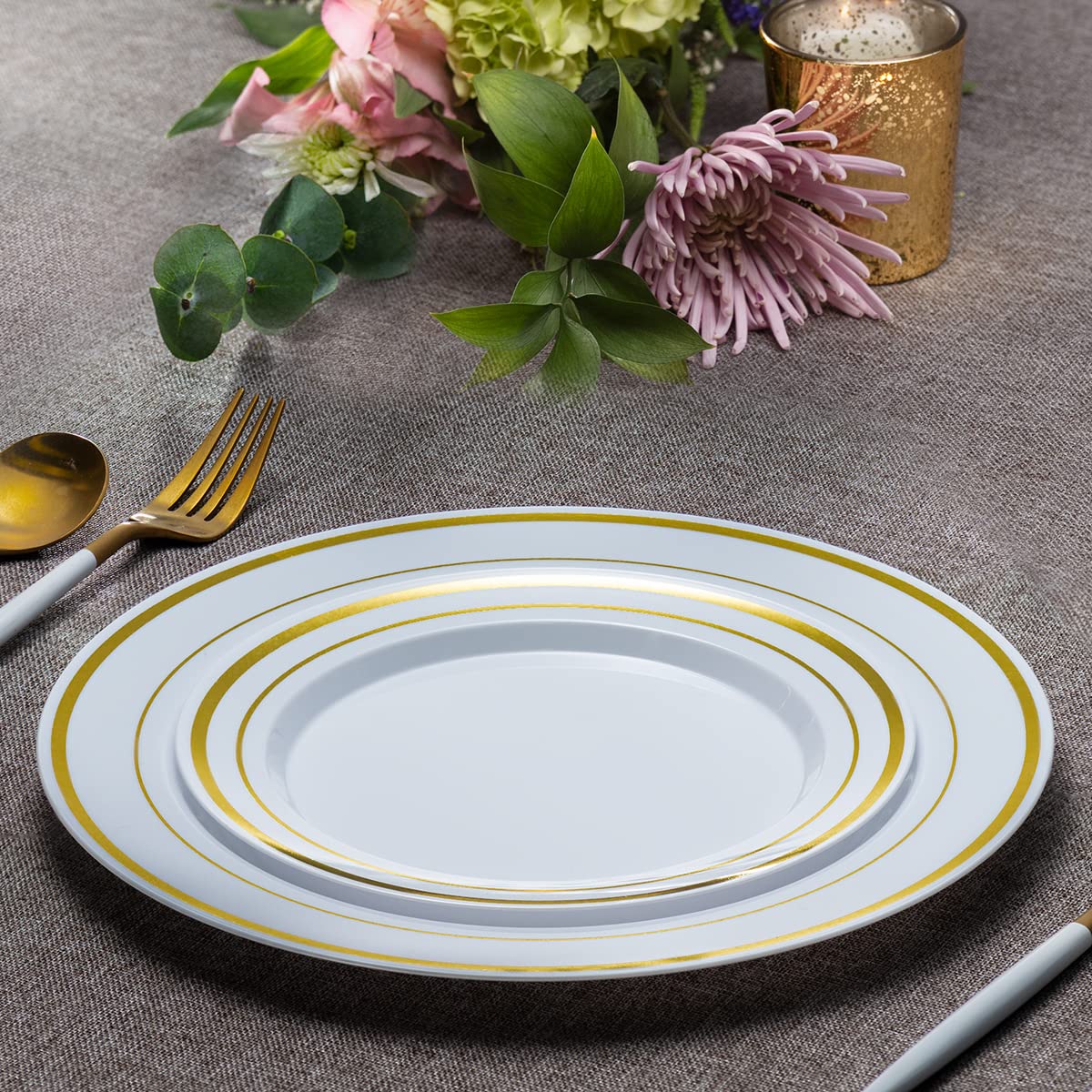 SETUP 60-Piece Gold Trim Plastic Dinnerware Set - 30 10.25" Dinner & 30 7.5" Salad Plates - Heavy-Duty Disposable for Weddings, Catering, Parties