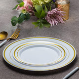 SETUP 60-Piece Gold Trim Plastic Dinnerware Set - 30 10.25" Dinner & 30 7.5" Salad Plates - Heavy-Duty Disposable for Weddings, Catering, Parties