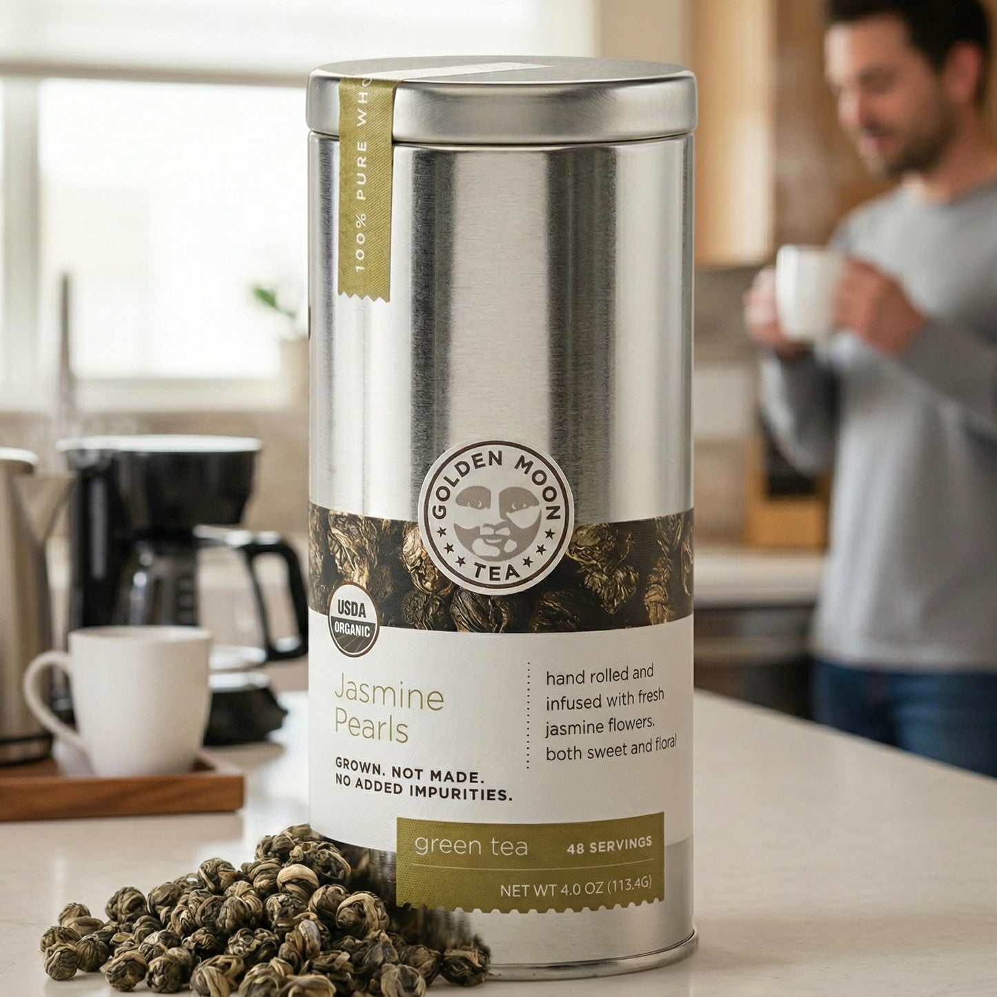 Golden Moon Tea Organic Jasmine Pearls Green Tea - Loose Leaf Dragon Pearls, Premium Grade, Non GMO - Travel Tin (48 Servings)