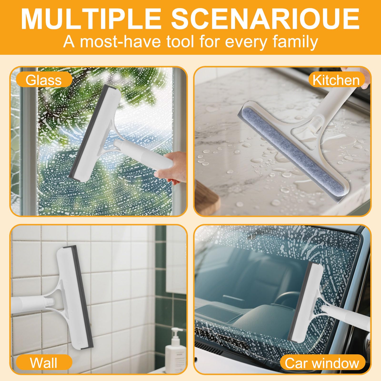 Pro 3 in 1 Window Cleaning Scraper, with 2 Replaceable Cleaning Cotton Strips 3 in 1 Spray Squeegee, Window Squeegee, Suitable for Cleaning Bathroom