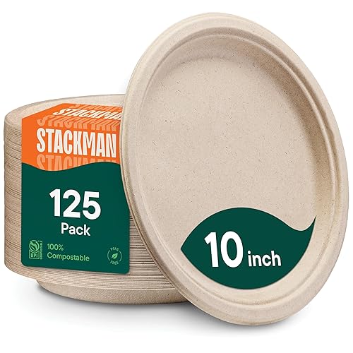 Paper Plates, 100% Compostable Heavy Duty Disposable 10 Inch Plate - [125-Pack] Eco-Friendly, Biodegradable Bagasse - (PFAS-Free) - (BPI Certified)