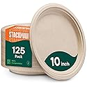 Paper Plates, 100% Compostable Heavy Duty Disposable 10 Inch Plate - [125-Pack] Eco-Friendly, Biodegradable Bagasse - (PFAS-Free) - (BPI Certified)