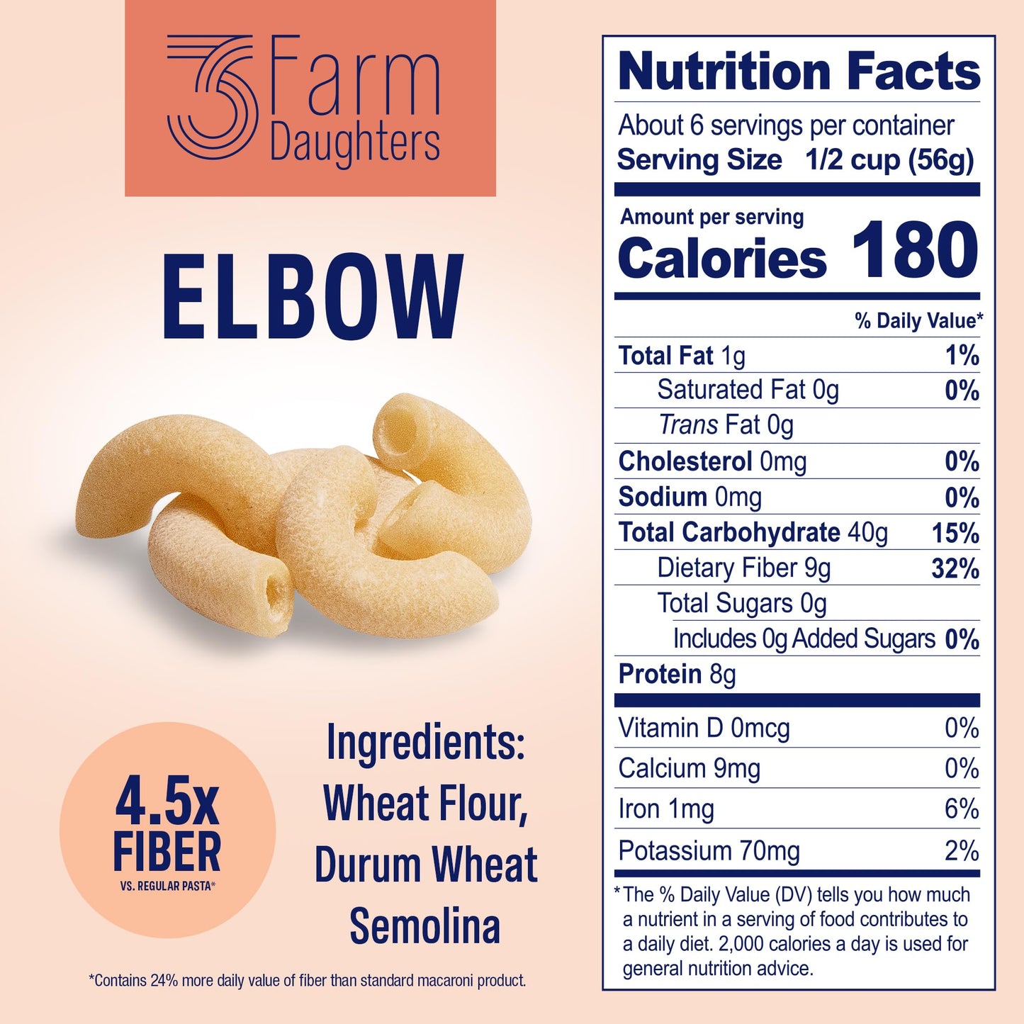Three Farm Daughters High Fiber Elbow Macaroni Pasta Pack, Low GI, Non GMO Elbow Pasta Noodles, Low Net Carb, Made in the USA, 12 oz. (4 Pack)