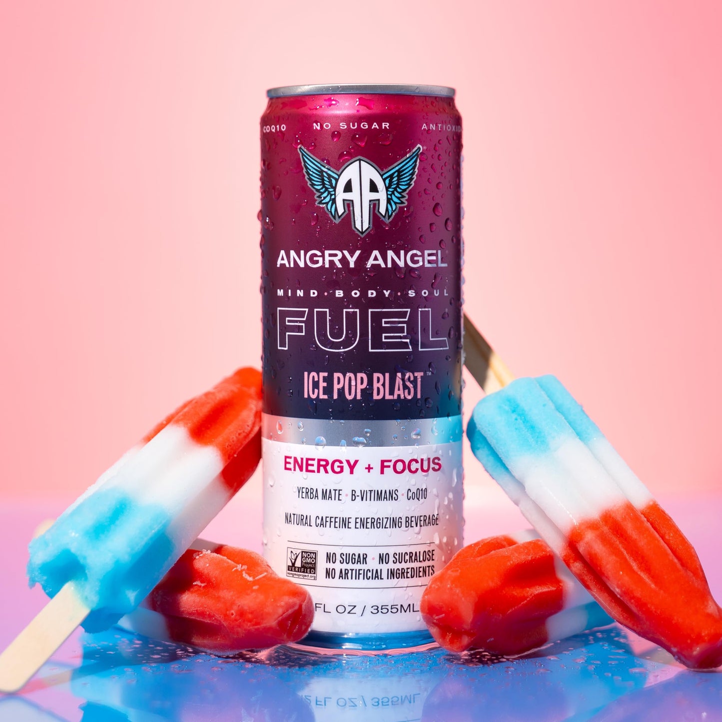 Angry Angel Ice Pop Blast Natural Energy + Focus Drink (12 count) - Zero Sugar - Natural Caffeine from Yerba Mate - CoQ10 - B Vitamins - 12 oz Cans