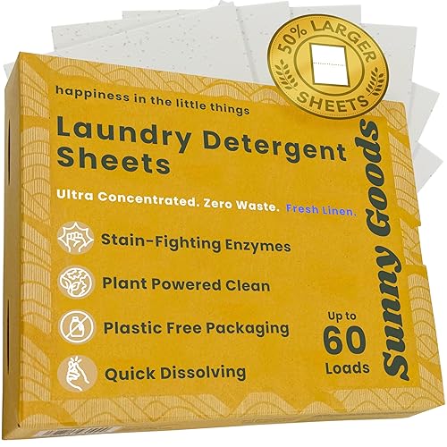 Sunny Goods Laundry Detergent Sheets with Plant Powered Stain-Fighting Enzymes - 60 Loads - Concentrated Liquidless Laundry Soap Sheets - Home