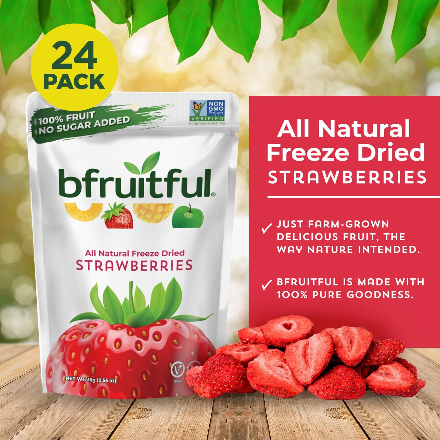 bfruitful Freeze Dried Strawberries, Freeze-Dried Strawberry Snacks with No Sugar Added, Vegan, Non GMO, Kosher, Fruit Bites for Kids and Adults, 0.56