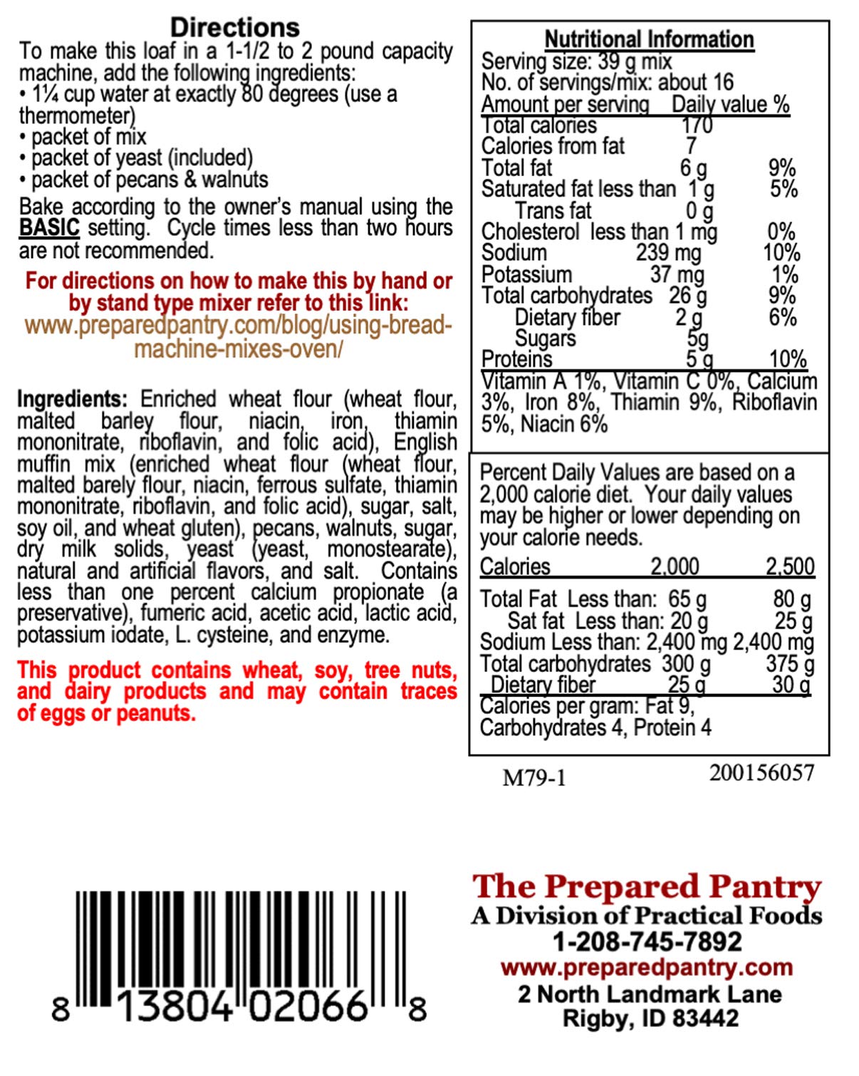 The Prepared Pantry Butter Pecan English Muffin Bread Mix; Single Pack; For Bread Machine or Oven
