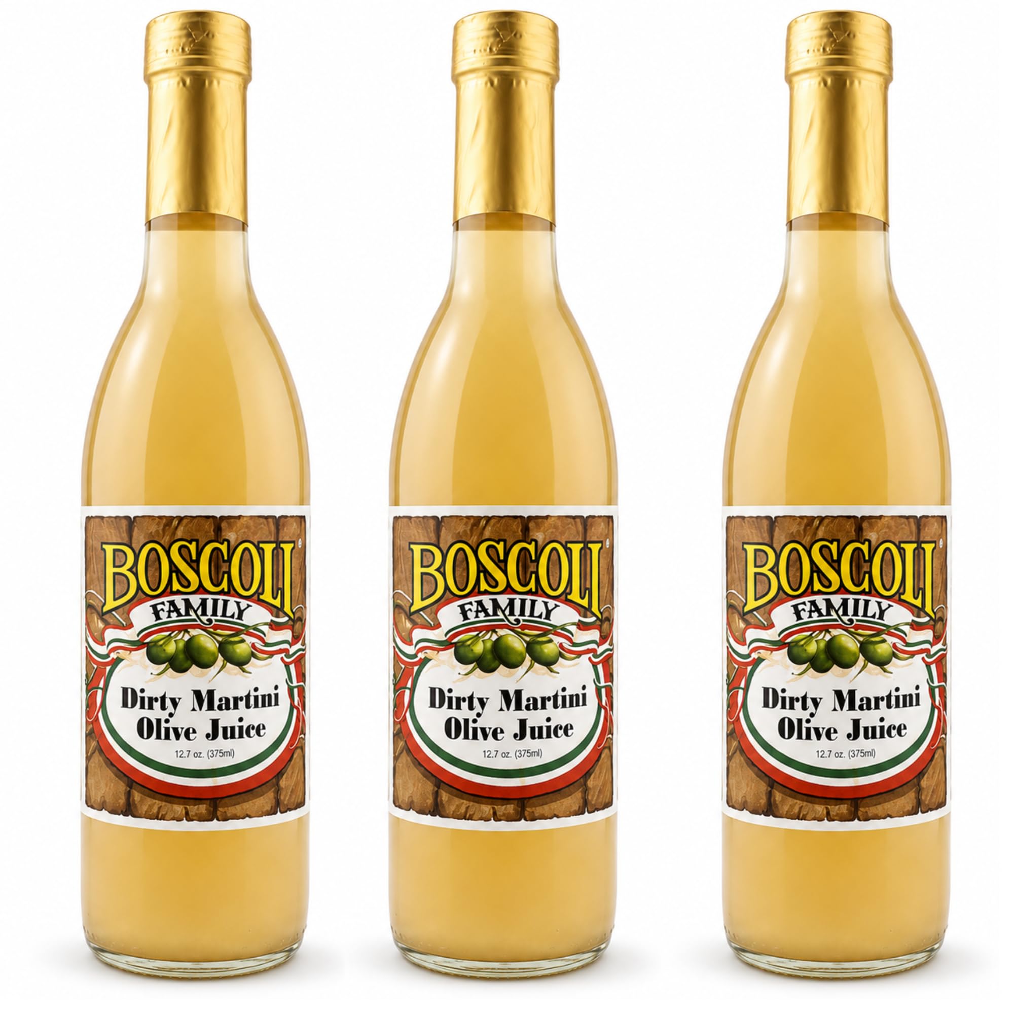 Boscoli Dirty Martini Olive Juice 12.7 oz Pack of 3, Premium Olive Brine Cocktail Mixer, All Natural Gluten Free Martini Mix for Dirty Martinis