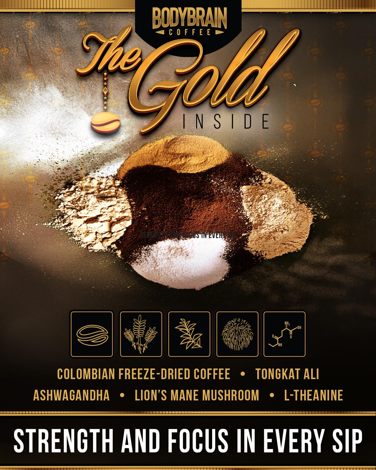 BodyBrain Mushroom Coffee with Lion's Mane, Ashwagandha, Tongkat Ali & L-Theanine | Freeze-Dried Colombian Nootropic Coffee for Focus and Energy, 30