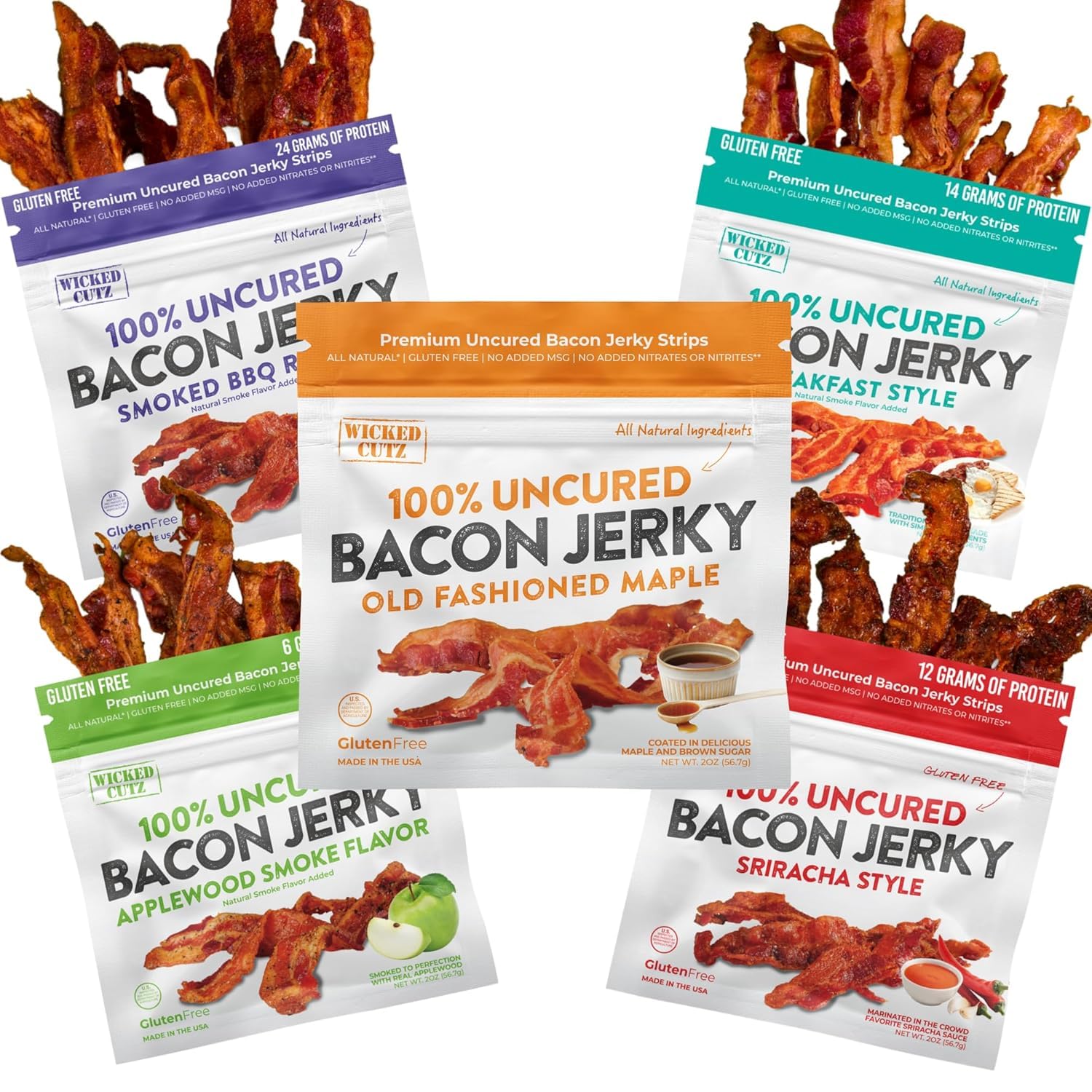 Bacon Jerky Variety Pack | 5 Flavors & Up to 24g Protein Per Bag | Fully Cooked, Bold Flavors, Exceptionally Tender, High Protein Carnivore Snacks |