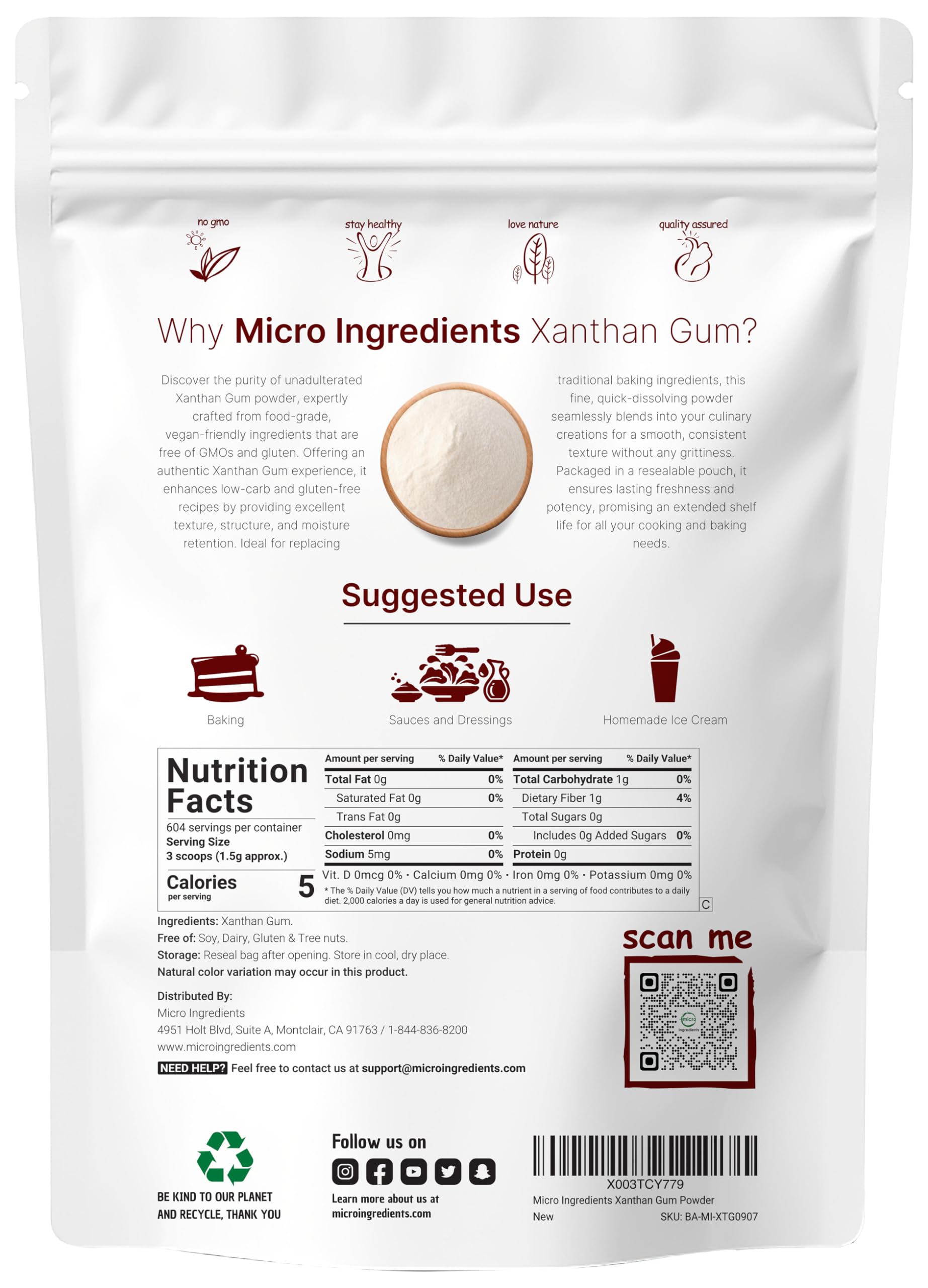 Micro Ingredients Xanthan Gum Powder 2lb (32oz) Premium Quality for Keto & Gluten-Free Baking Unflavored Thickening Agent for Cooking Non-GMO Vegan