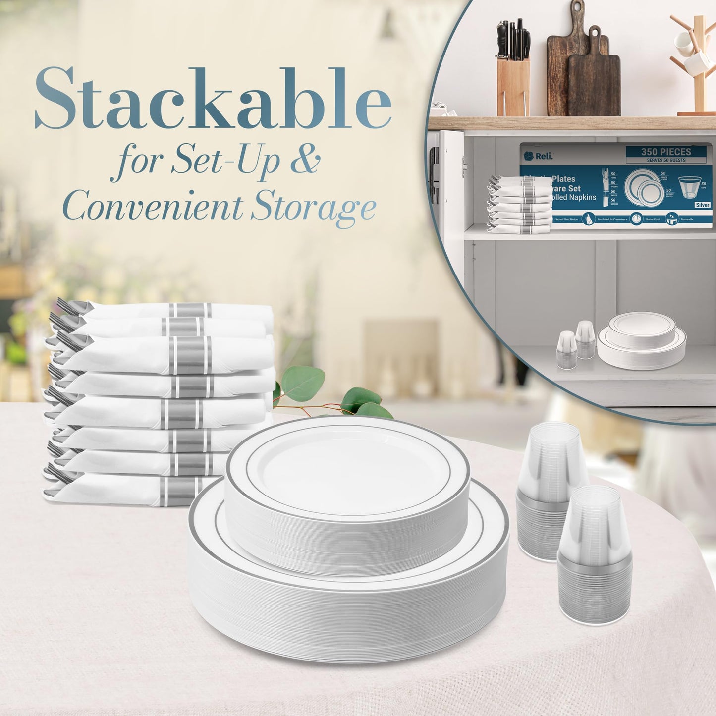 Reli. Plastic Plates for Party | 350 Pcs | White w/Silver Rim | Plates and Napkins Party Supplies | Disposable Dinnerware Set for 50 Guests |Dinner