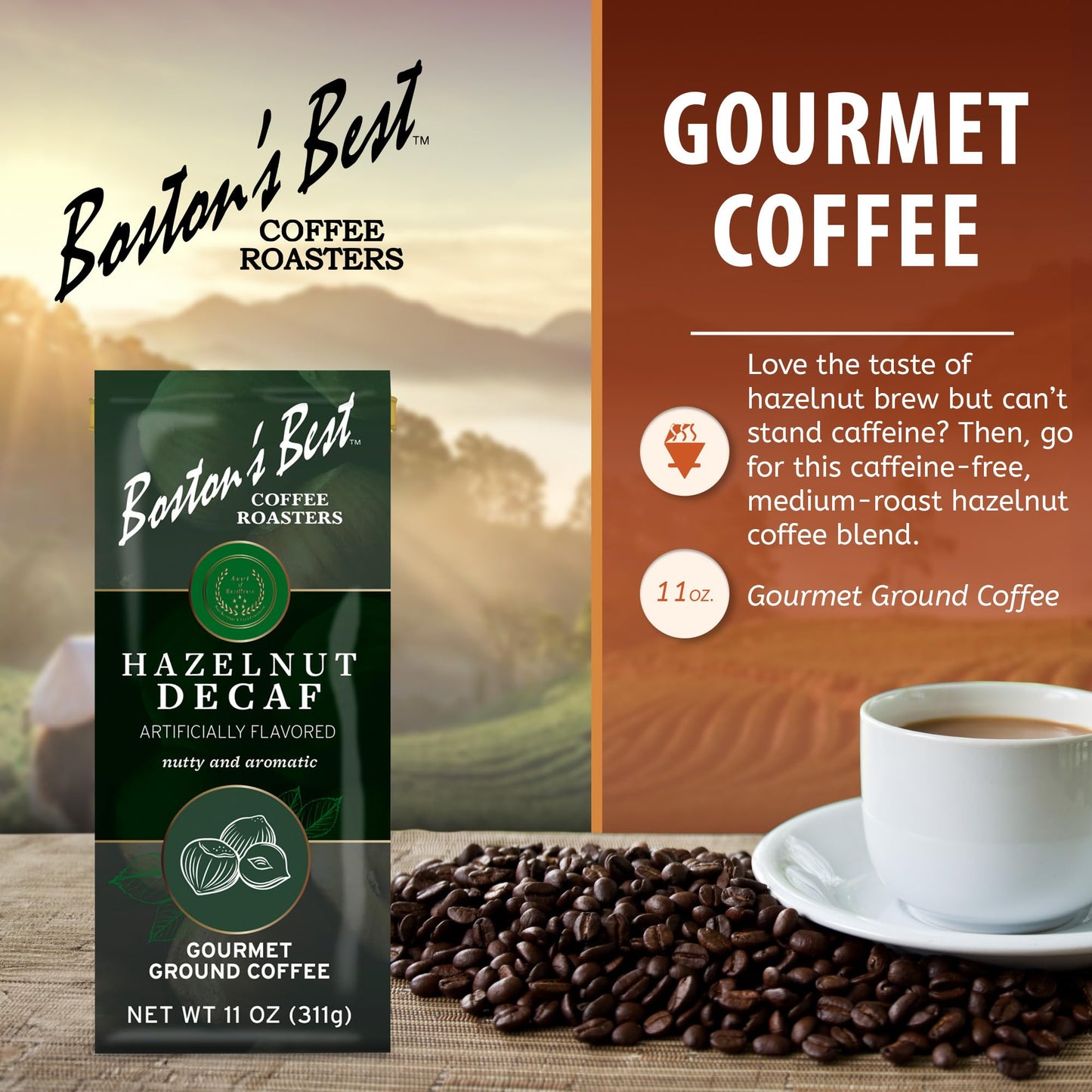 Boston’s Best Coffee - Hazelnut Decaf Gourmet Delicious Medium Roast Nutty Premium Ground Coffee, 11 oz. / 311 g Coffee Bag