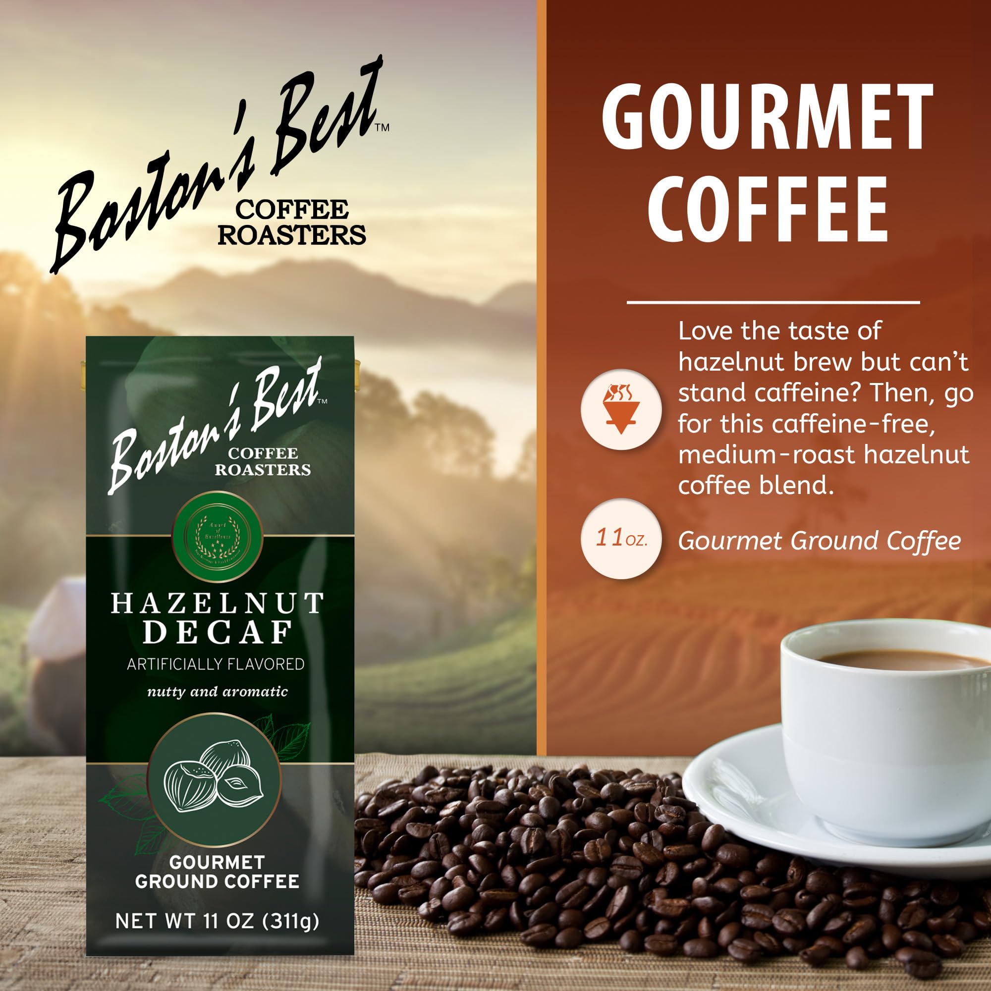 Boston’s Best Coffee - Hazelnut Decaf Gourmet Delicious Medium Roast Nutty Premium Ground Coffee, 11 oz. / 311 g Coffee Bag