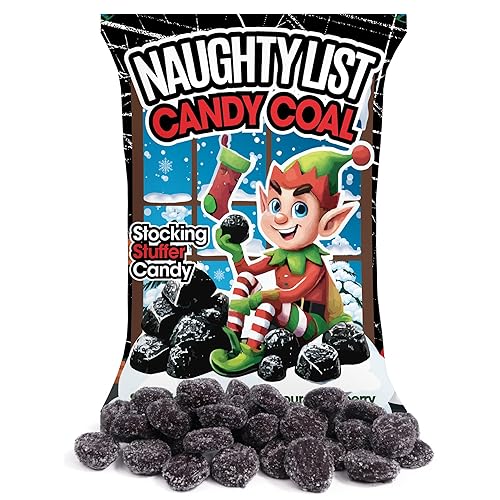 Naughty List Coal Christmas Candy, Funny Gag Gift Gummies, Sour Strawberry Flavored, Stocking Stuffer Treats, 4 Ounces