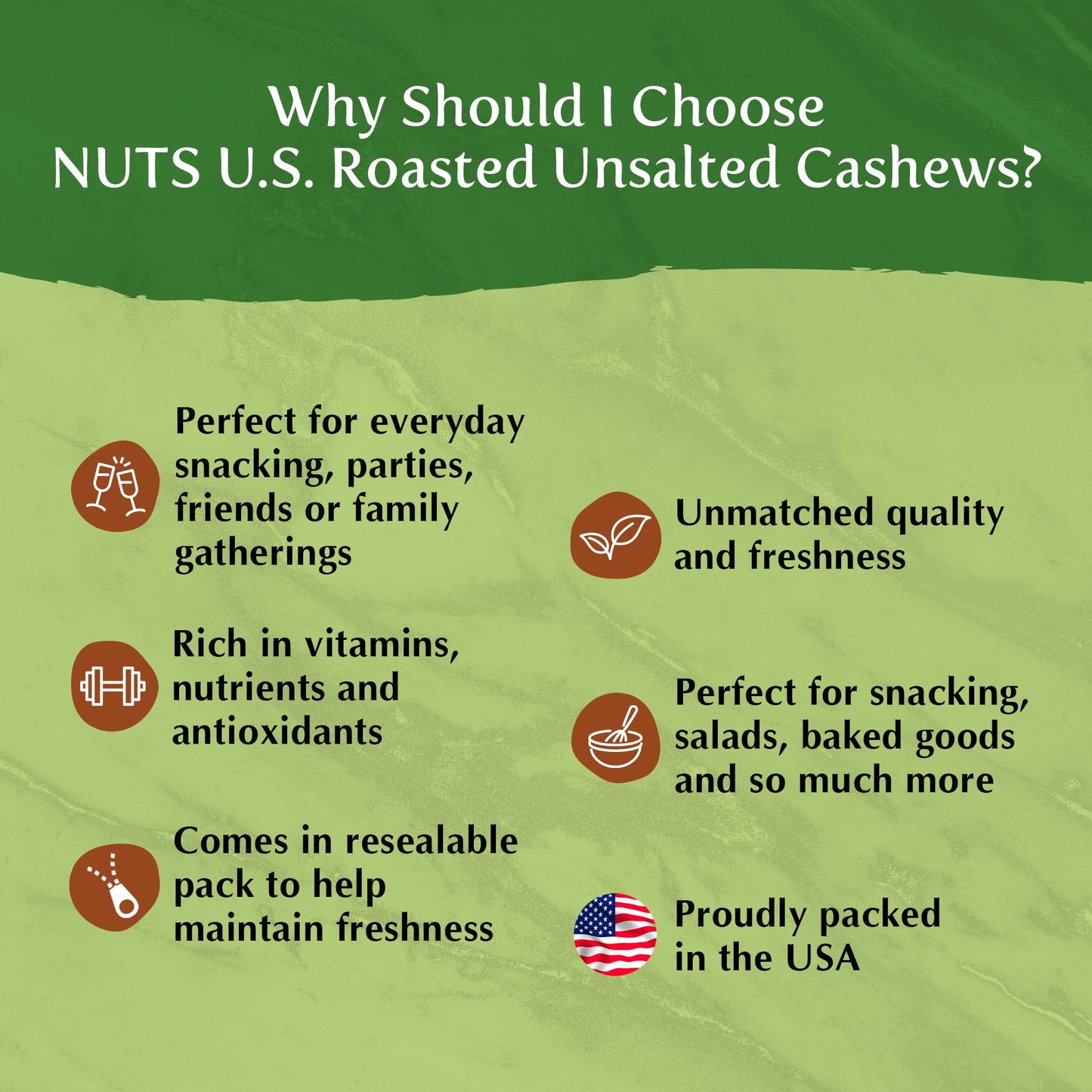 NUTS U.S. - Roasted and Unsalted Cashews | Whole Kernels (80%) and Pieces | Just Right Crispy and Delicious | Natural Cashews!!! (2 LBS)