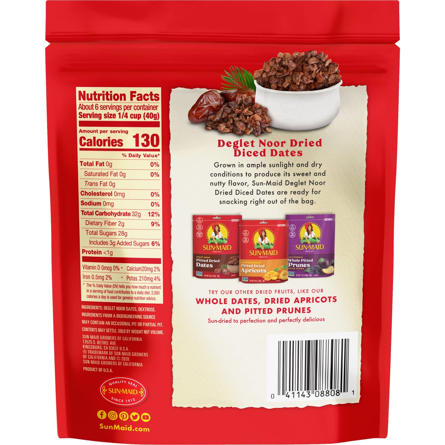 Sun-Maid California Chopped Dates | Resealable Bag | 8 Ounce | Whole Natural Dried Fruit | No Artificial Flavors | Non-GMO 8 Ounce (Pack of 5)