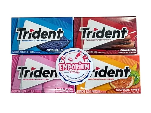EMPORIUM CANDY TASTY TREATS FOR THE TUMMY Trident Gum Assortment - 1 Pack Each of Bubblegum Original Cinnamon Tropical Twist - 14 Pieces per Pack