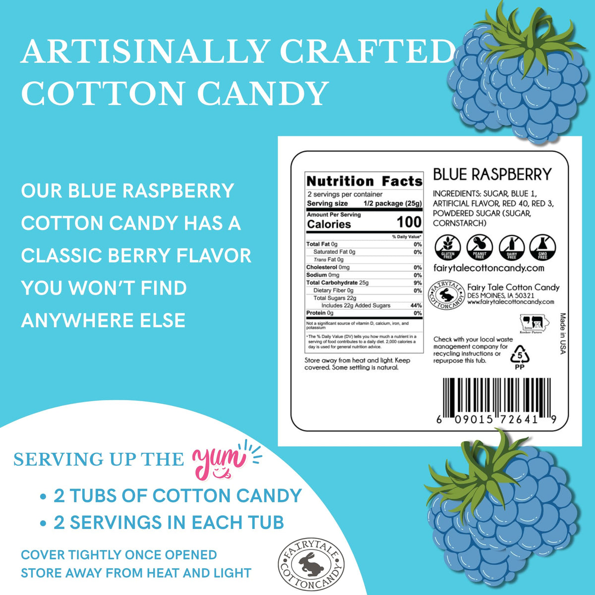CHOCOLATE STORYBOOK Gourmet Flavored Cotton Candy - Unique Idea for Holidays, Birthdays, Gag Gifts, Party Favors (Blue Raspberry, 1.75 oz Each