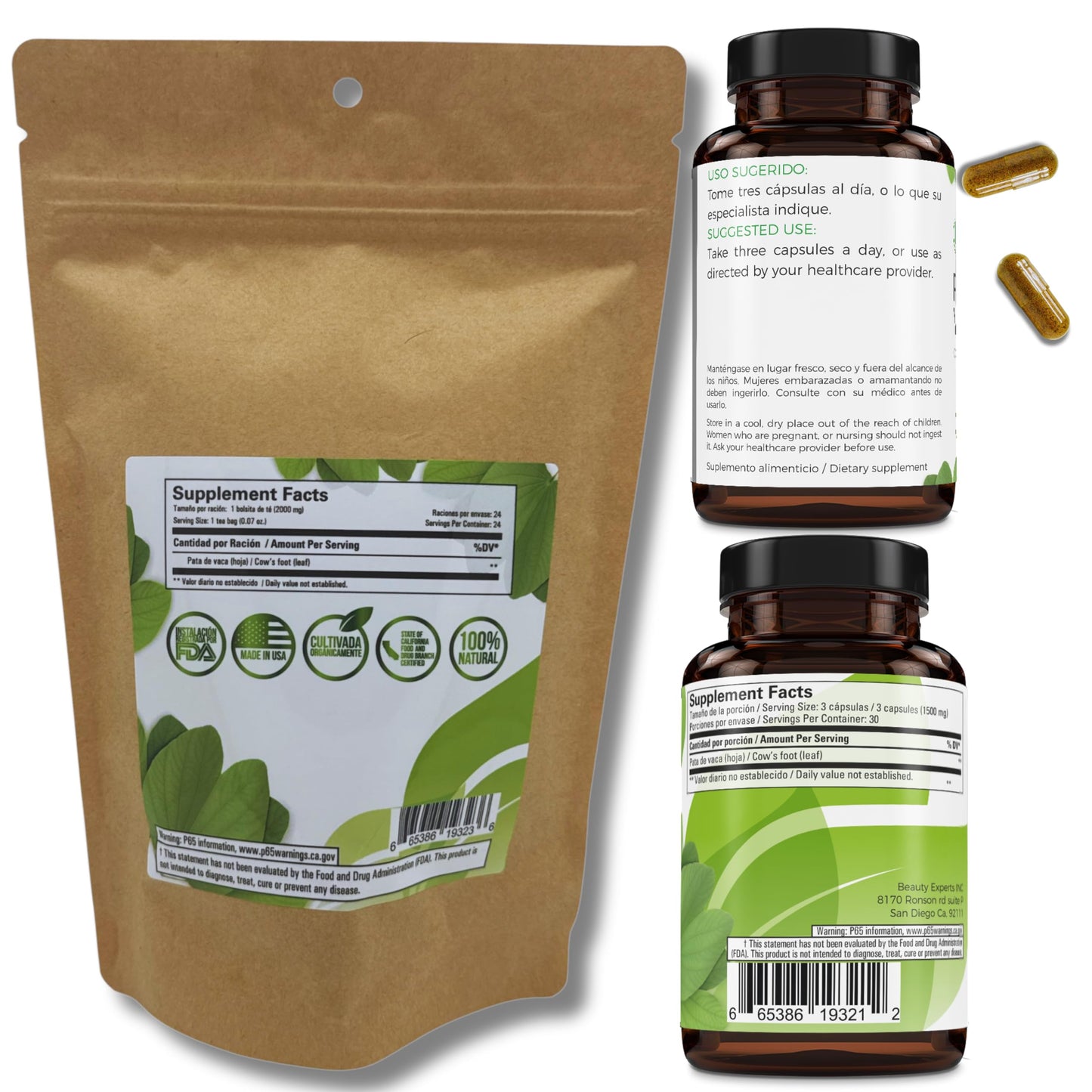 Pata de Vaca Té (Cow's Foot Tea) - 24 Bags - 100% Natural Infusion - Vegan, Non-GMO, Gluten-Free + Pata de Vaca Capsules - 1500 mg Per Serving, 90
