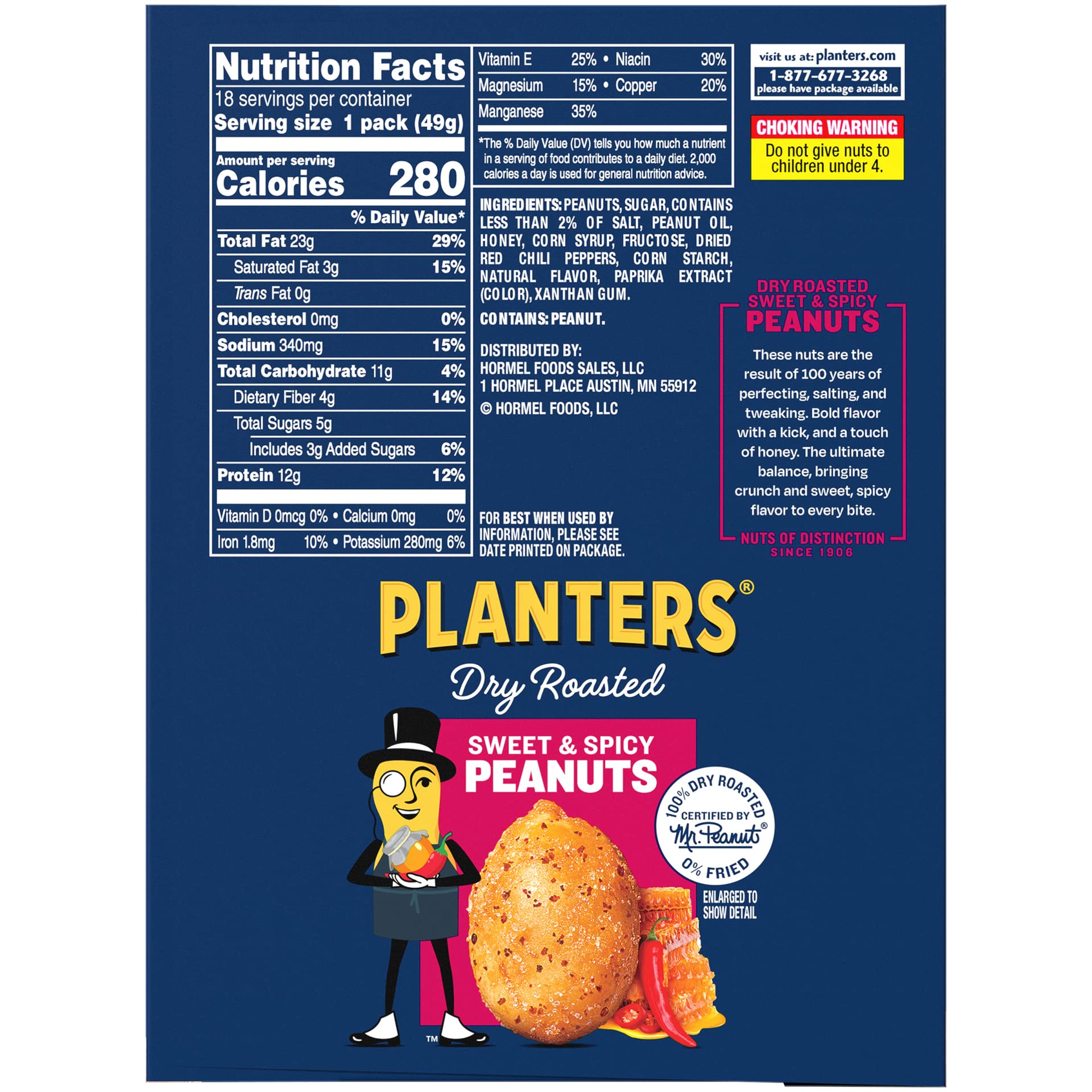 PLANTERS Sweet and Spicy Peanuts, Dry Roasted Peanuts, Spicy Nuts, Nuts Individual Packs, Party Snacks, Snack Nuts, Snacks On the Go, Kosher, 1.75oz