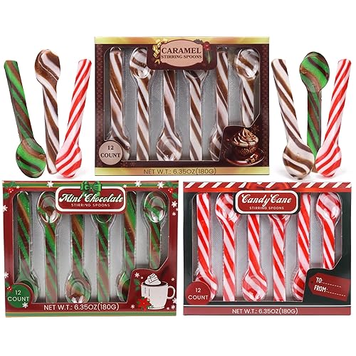 Christmas Candy Spoons Assortment, Peppermint, Caramel, and Mint Chocolate Flavored Stirrers, Hot Cocoa Bar Essentials, 36 Total Pieces (Set of 3)