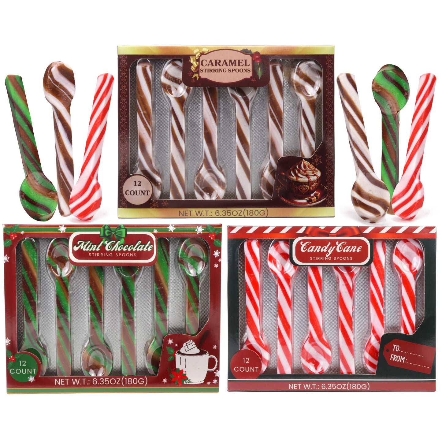 Christmas Candy Spoons Assortment, Peppermint, Caramel, and Mint Chocolate Flavored Stirrers, Hot Cocoa Bar Essentials, 36 Total Pieces (Set of 3)