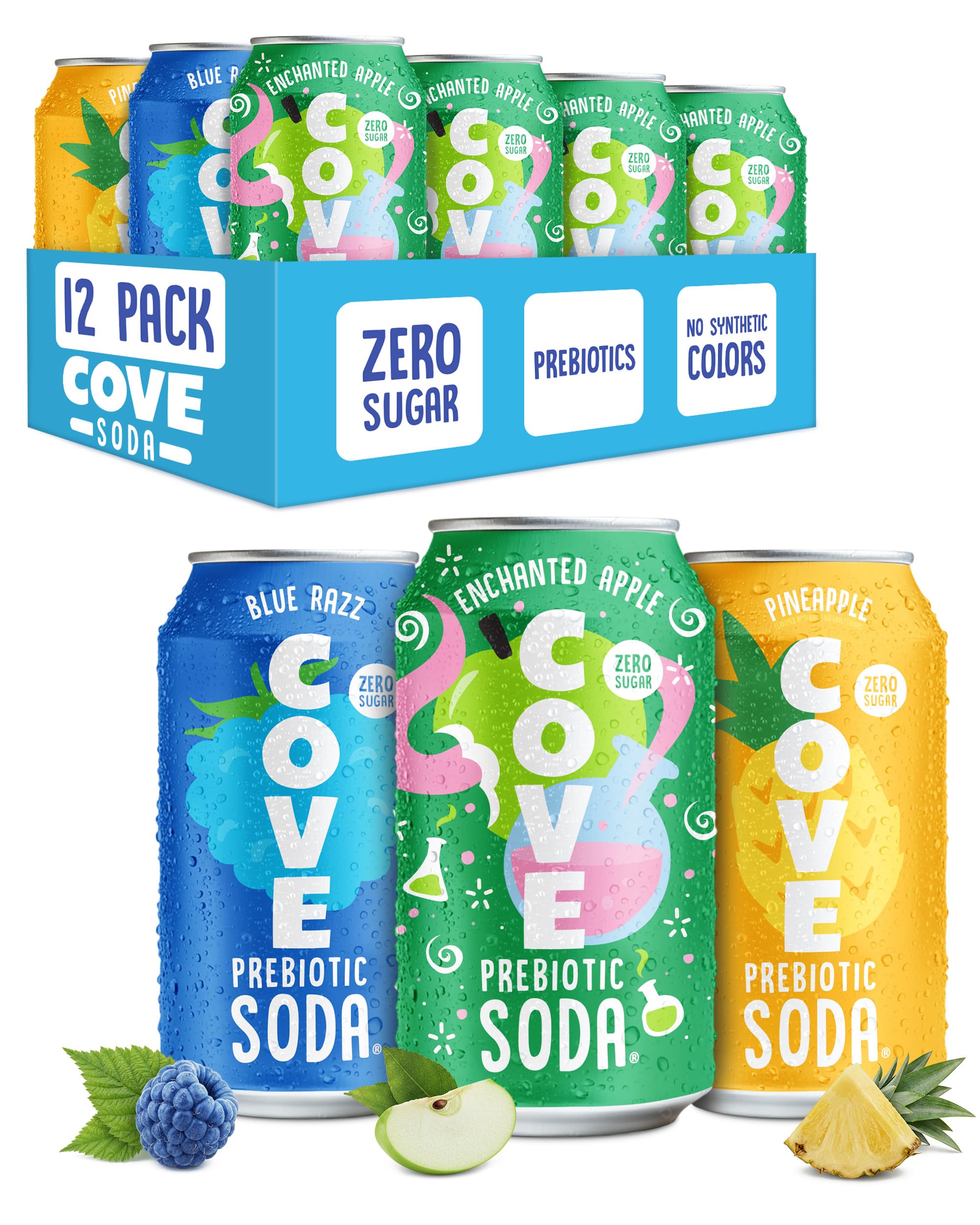 Cove Prebiotic Soda Soft Drinks with Zero Sugar - Refreshing Healthy Soda Alternative with 4g of Fiber for Digestive Support - Natural, Caffeine Free