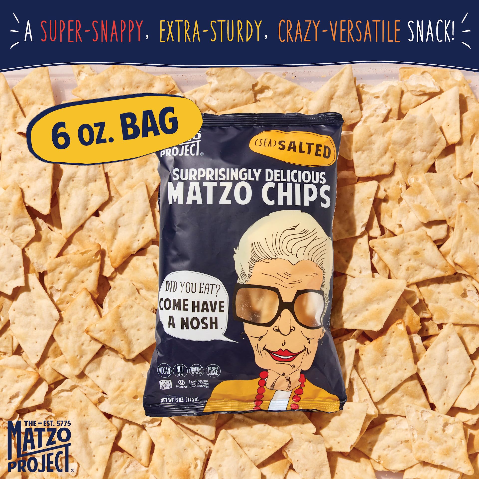 The Matzo Project Crispy Matzo Chips, Sea Salt Flavor, Vegan, Nut Free, Back-to-School Snack Packs, 3-Pack, 6 oz. Each, Kosher but NOT Kosher