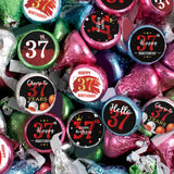 Happy 37th Birthday Party Favor Labels Chocolate Kisses Candy Stickers - Thirty Seven Years Old Birthday Round Candy Sticker Party Favors - Black