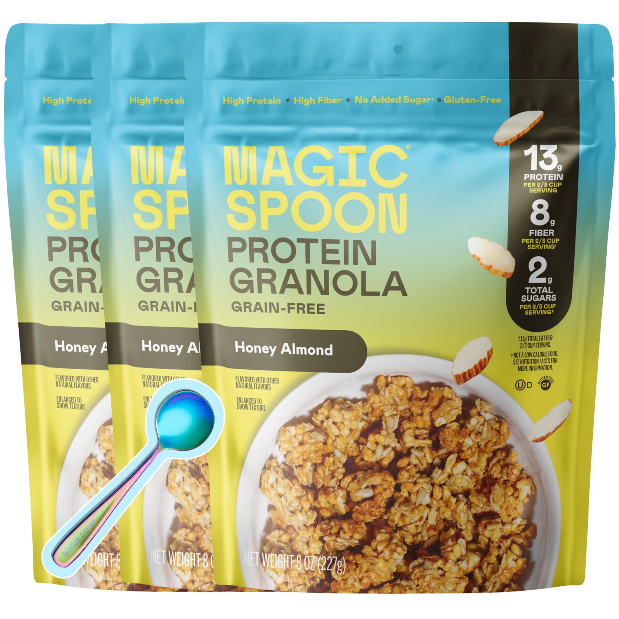 Magic Spoon High Protein Granola Low Sugar - 3 Pack, Honey Almond - Low Carb Sugar Free Protein Snacks & Breakfast Food - Grain & Gluten Free Granola