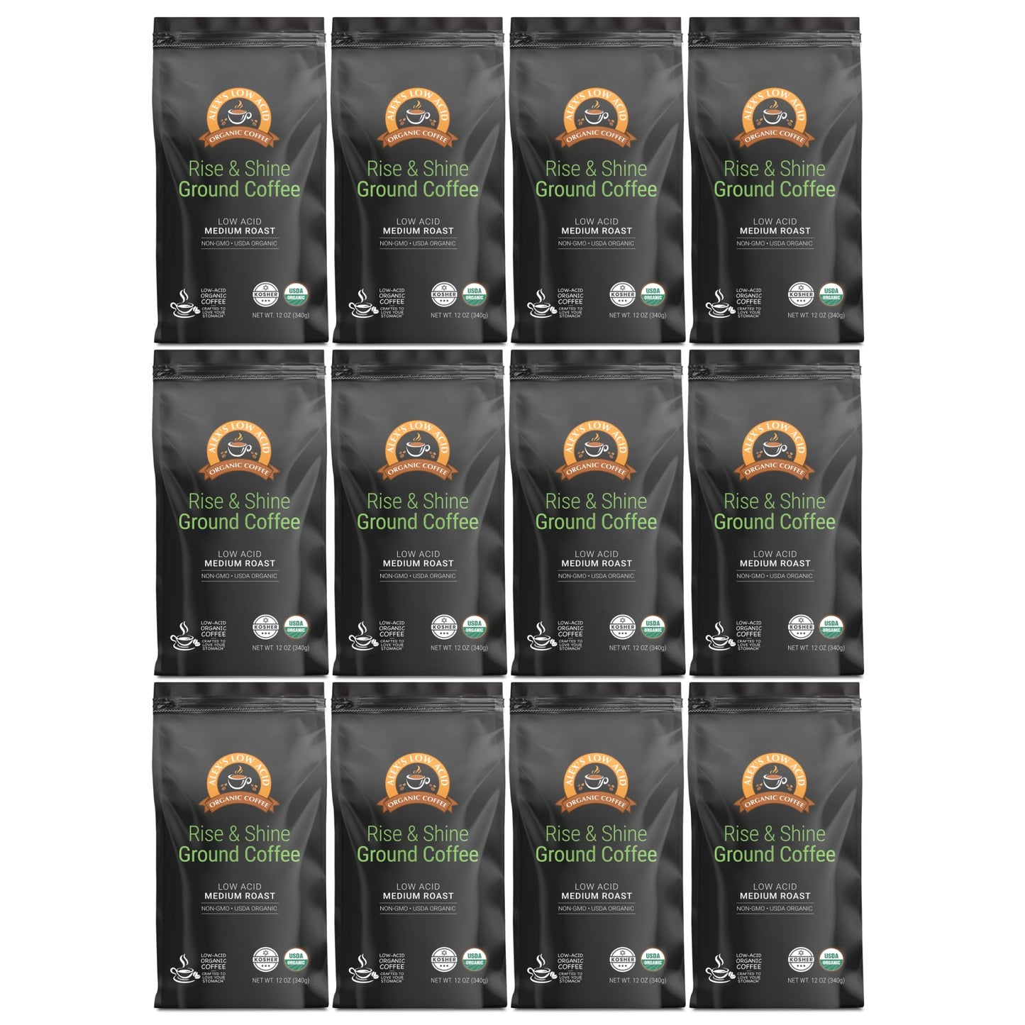 Alex's Low Acid Organic Coffee 12oz Bag - Rise and Shine Fresh Ground (Pack of 12)